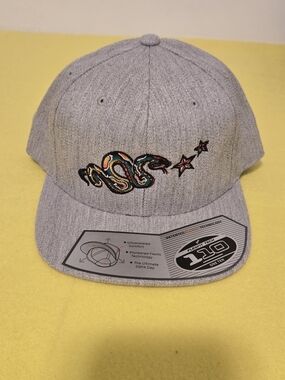 Gray Snapback Hat with Embroidered Snake and Stars